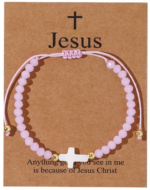 프레이하우스 기독교 천주교 십자가 핸드메이드 묵주 팔찌, 연핑크, 1개