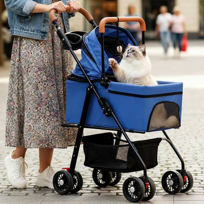 분리형 강아지 유모차 고양이 반려동물 카시트 겸용 원터치 폴딩 애견 이동 카트 중소형견 감성 나들이 / 산책 접이식 개모차, 1개, 블루