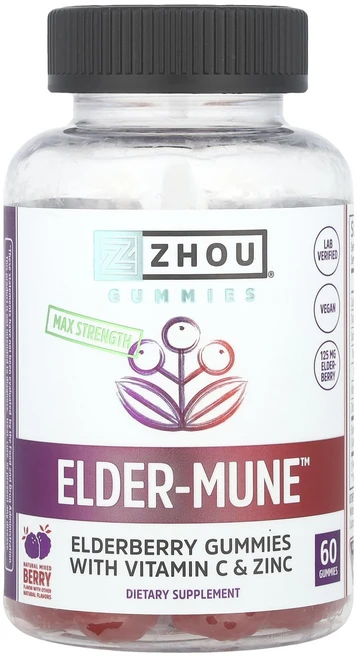 Zhou Nutrition 맥스 스트렝쓰 Elder-Mune 삼부커스 엘더베리 비건 구미젤리 60개, 6개, 60정 - 쿠팡