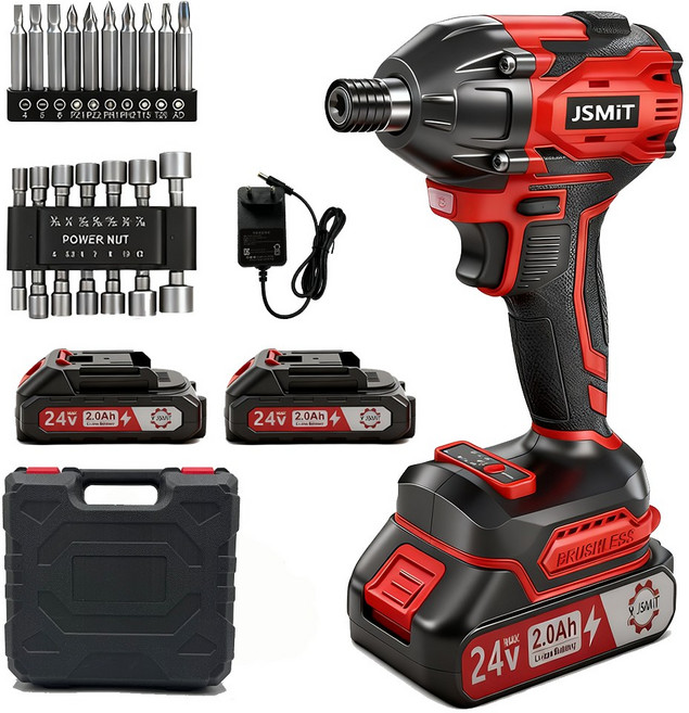 JSMiT 독일기술 24V 800Nm 고출력 충전 임팩드릴 세트 전동 임팩 렌치 자동 속도 조절 충전 임팩 드릴 렌치 드라이버 전문가형 2.0Ah 배터리 2개 풀세트, 주체+도구 키트 +(2.0AH 배터리 *2)