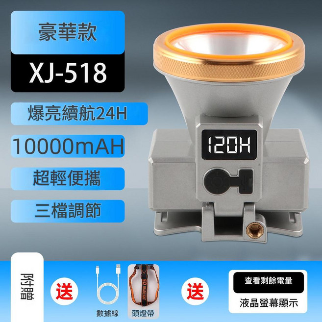 XJ-501 充電式LED頭燈 續航14H 3600mAh, XJ - 518液晶顯示10000毫安電池超長續航, 1個