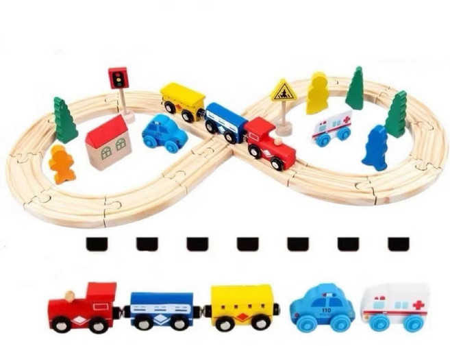33件組木製火車軌道玩具套裝 兒童益智拼裝玩具 啟發創意 培養空間智能, 原木色, 1套