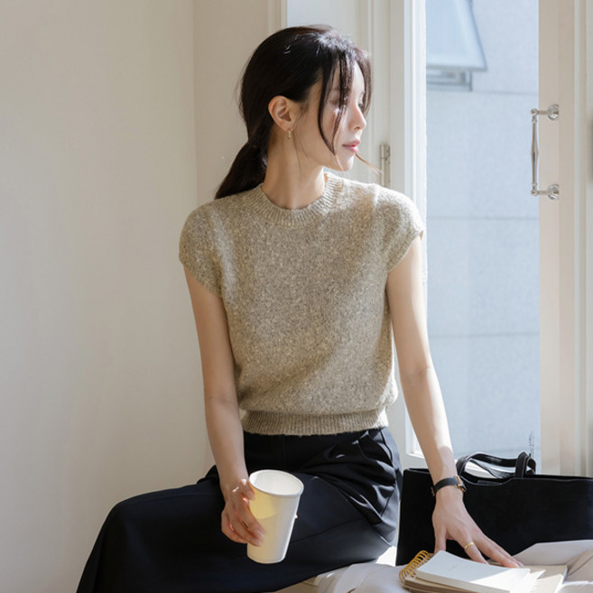 TPQ198 라운드넥 믹스 캡소매 반팔 니트