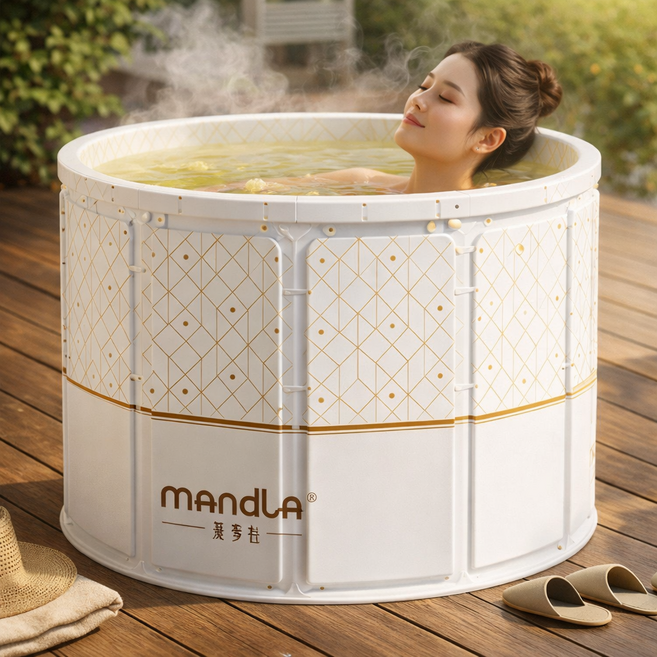 에어라벨 특대형 접이식 욕조 원터치 반식욕, 1개, 스톤아이보리