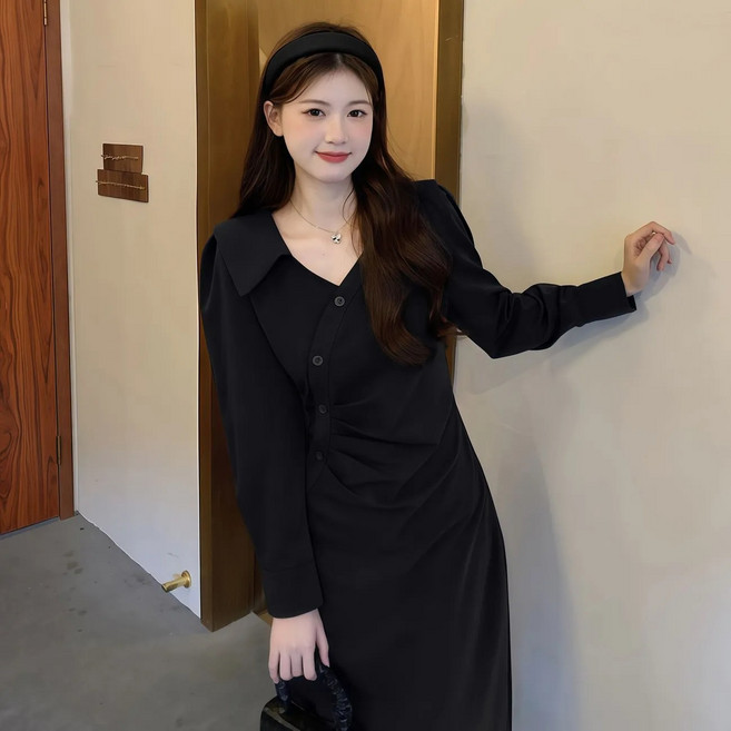 여성 유행 패션 브이넥 긴팔 롱원피스