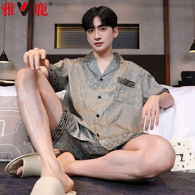 雅鹿 男士三件套冰絲睡衣 夏季薄款短袖長褲家居服套