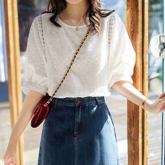 펀칭 크롭 린넨 오프숄더 흰색 블라우스 여성용 화이트 할로우 아웃 자수 셔츠 퍼프 반팔 코튼 심플 캐주얼 루즈 탑 패션