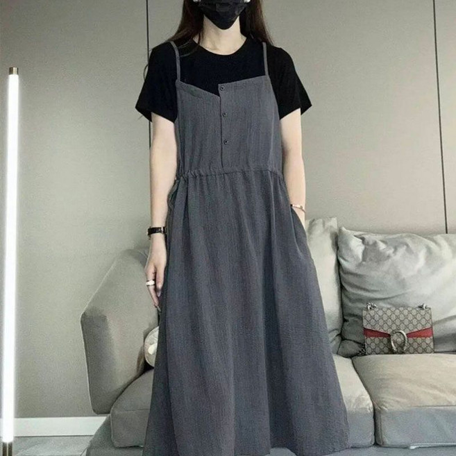 胖MM大碼休閒寬鬆拼接連衣裙女夏季抽繩收腰顯瘦長裙, 3XL 建议(90.0-120.0公斤)