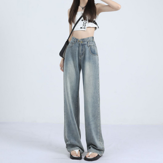 SAHINER 봄가을 여성 데일리 하이웨스트 루즈핏 와이드핏 워싱 데님 팬츠 LJANZ59