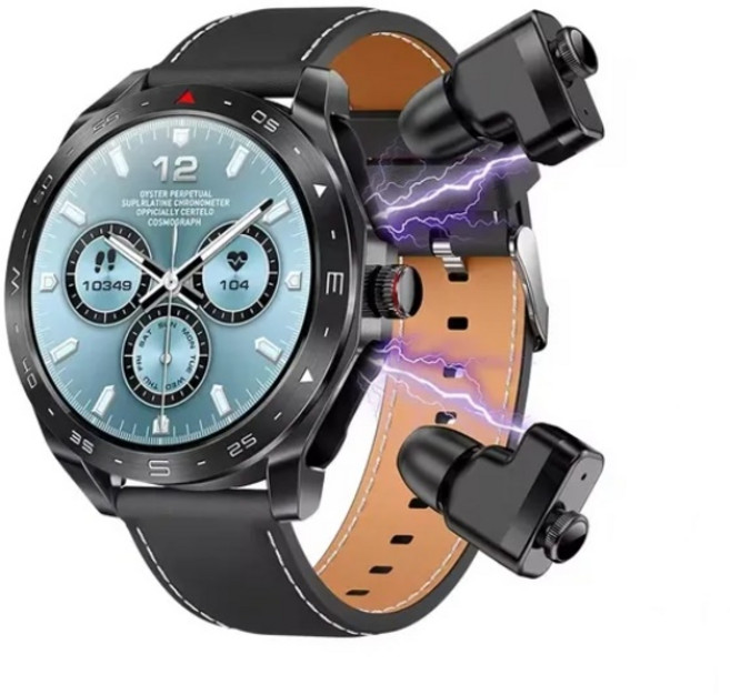 LEMFO T95 이어폰 스마트워치 한글지원 블루투스통화 1.52인치 고화질 스크린 건강 운동 기능 실리콘 스트랩 기본제공, 블랙 가죽