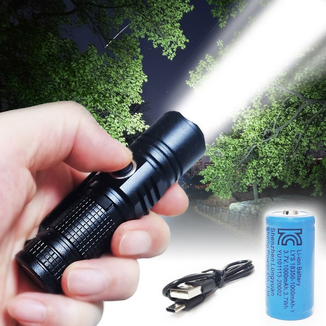 나인비 미니 초강력 LED 손전등 충전식 휴대용 후레쉬, 1개, 블랙