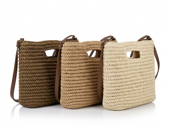 文青風 編織包 肩背手提兩用包, 淺棕