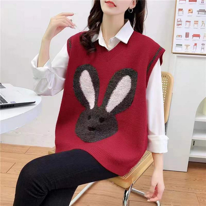 스타일아유 여성 니트 조끼 봄가을 아기토끼 루즈 폭신폭신 도톰 브이넥 스웨터 베스트 VT0284