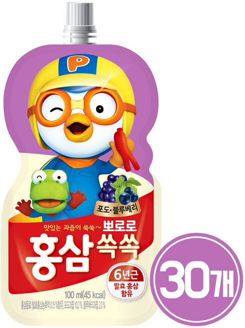 팔도 뽀로로 홍삼쏙쏙 어린이 음료 포도블루베리맛, 100ml, 30개