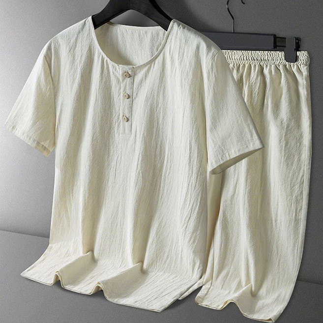 POMTOR 여름 남성 생활한복 캐주얼 라운드 반팔 티셔츠 와이드 팬츠 투피스 홈웨어 빅 사이즈