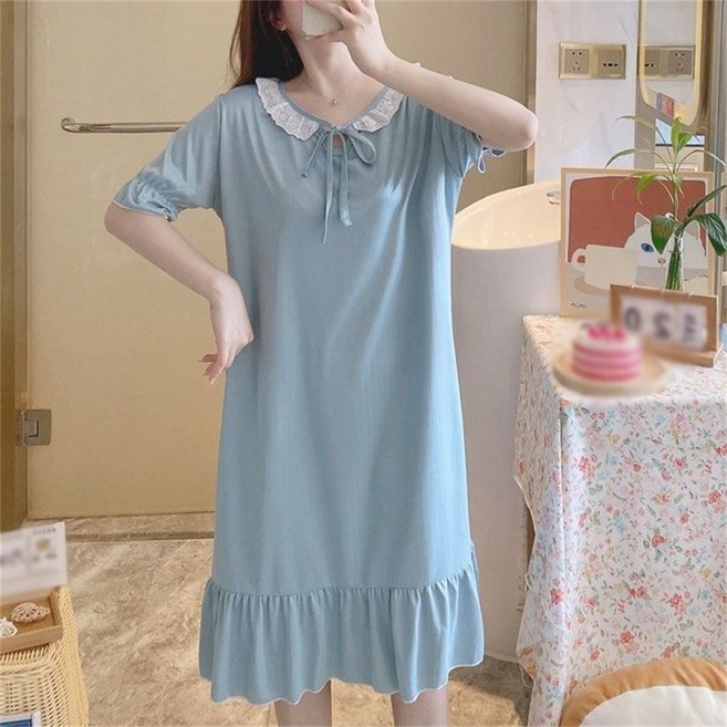Vezri 여성용 여름 순면 잠옷 귀여운 디자인 레이스 칼라 반소매 루즈핏 원피스 잠옷