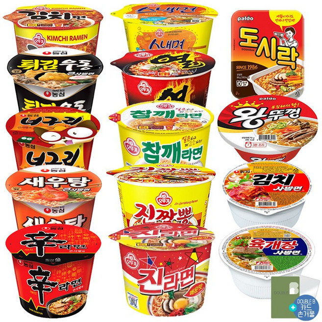 더블비 농심 오뚜기 팔도 큰컵 용기 사발면 14종 (진매큰+참깨큰+열큰+김치면큰+스낵큰+진짬뽕큰+왕뚜껑(큰)+도시락+신큰+새우큰+튀김큰+너구리큰+육사발+김치사발)+더블비카드거울, 4개