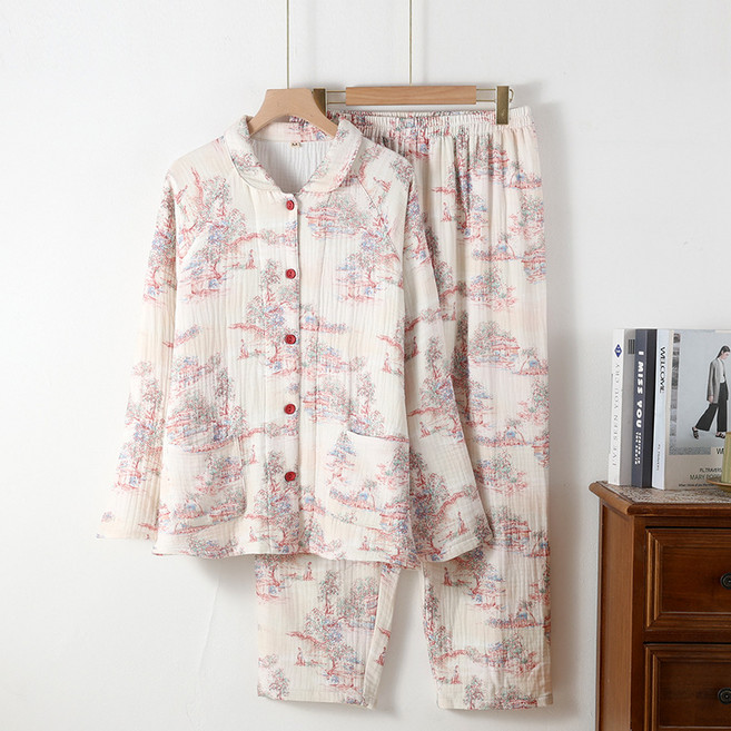 新款純棉加厚包邊四層紗布女士睡衣秋冬季保暖長袖家居服套裝