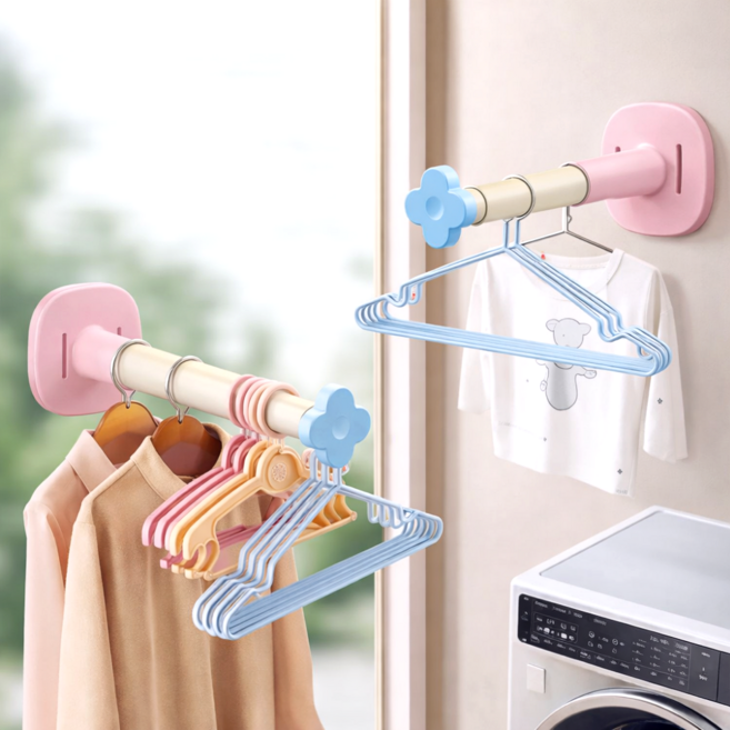 포스트머스 무타공 길이조절 벽걸이 옷걸이 정리대, 2개, 분홍색