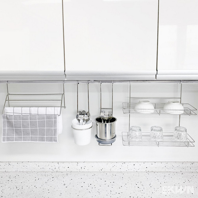 에쿤 주방악세사리 3종 세트 / 2단선반 스텐 도자기 수저통 컵걸이 행거봉, 스텐SET, 1개