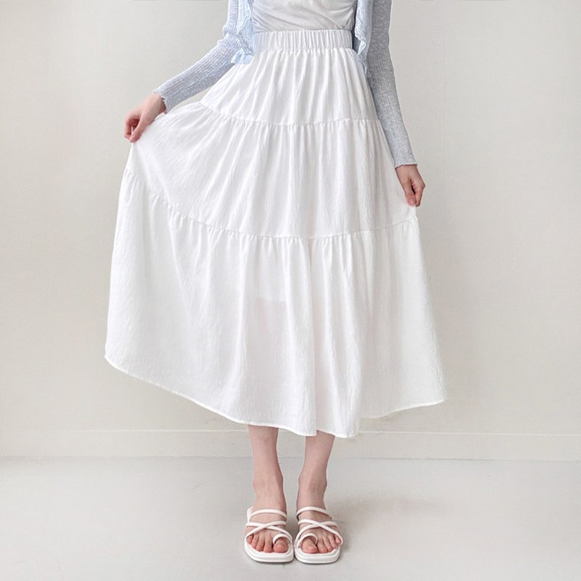 [2Color] 밴딩 캉캉 롱스커트 / 여성용 A라인 허리밴딩 주름 플레어 속치마내장 비침 걱정 없는 소프트 하체커버 스커트 활용성 좋은 치마 긴치마 (DB-4011)