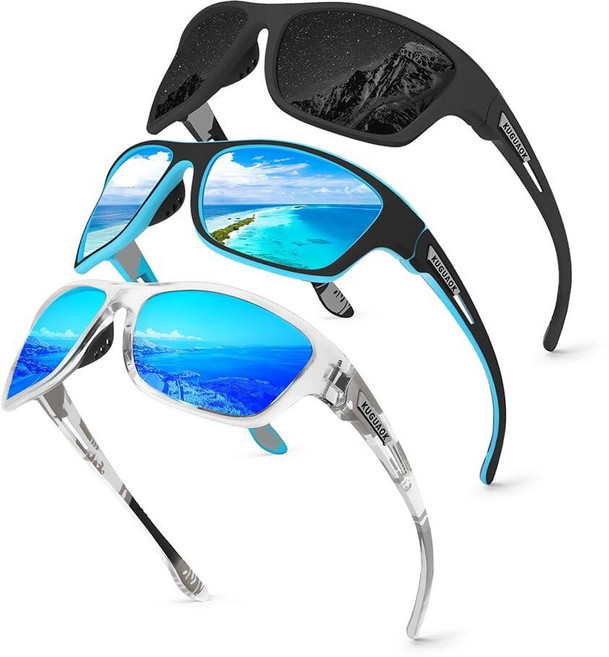 KUGUAOK 남성용 편광 스포츠 선글라스 2팩 운전 사이클링 낚시 선글라스 100% 자외선 차단 고글 블랙+다크 블루 2팩, 3팩-블랙+블루+클리어 블루