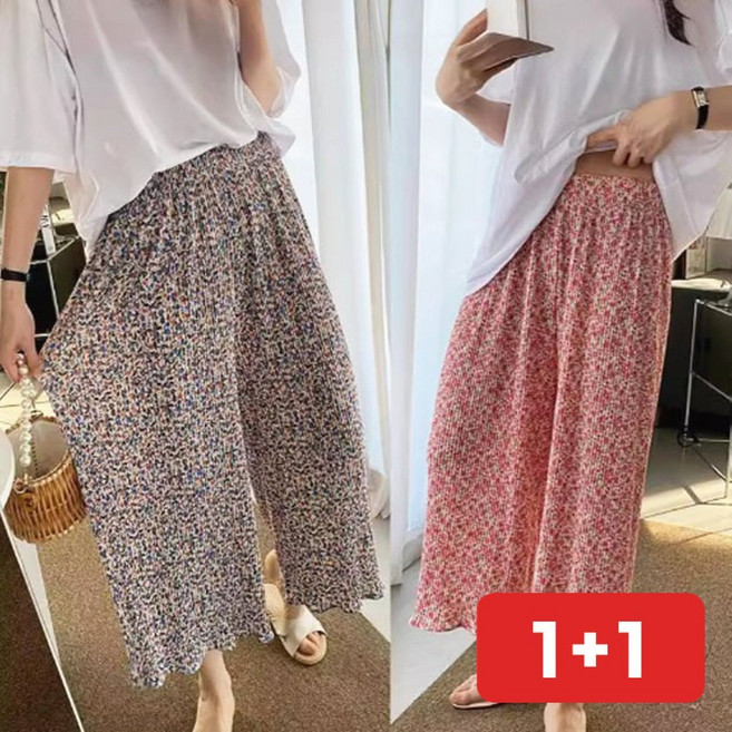 스커트 여성 꽃무늬 플리츠 밴딩 여름 8부 롱 면 치마