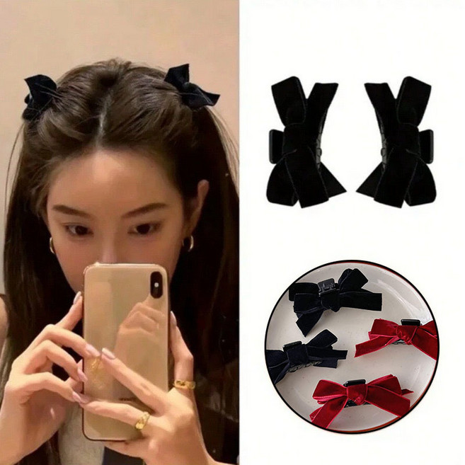 [1+1]벨벳 리본 미니 헤어 집게핀 러블리 리본헤어핀 2p세트