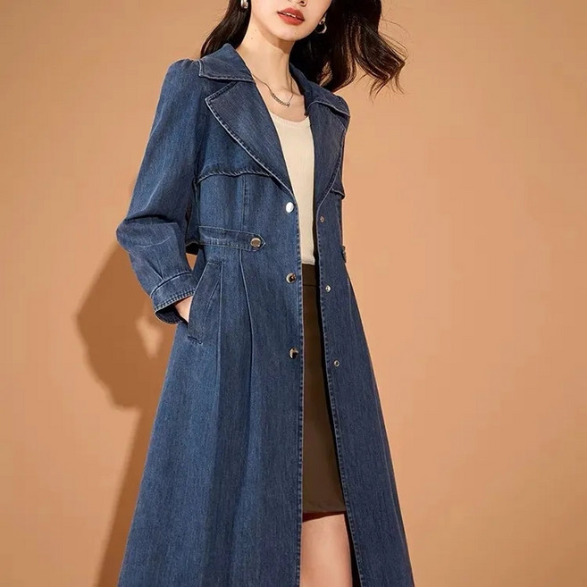 녕동 여성 하프 데님 자켓 카라넥 캐주얼 허리조임 봄가을 트렌치코트