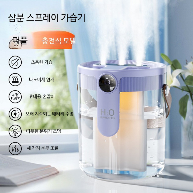 대용량 소형 무선 가습기 저소음 사무실용 미니 홈 차량용 분무기능 에어컨 가습기 침실용, I_충전 플러그 퍼플 삼중 분무, 단일 모델