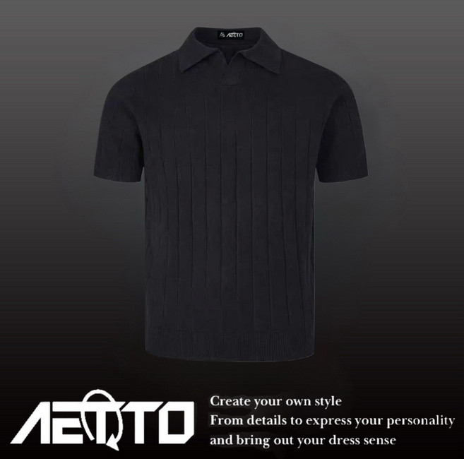 AETTO 美式豎紋POLO衫 自製款 老錢風 合身彈力收腰 正肩百搭素面短袖上衣 修身短袖, 黑色