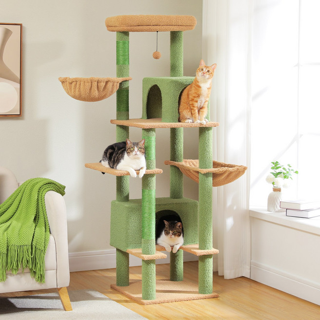 PAWZ Road 7단 대형 다색 패브릭 캣타워170cm 선인장 조형 숨숨집 2개+해먹+답 라운지, 1개, 그린