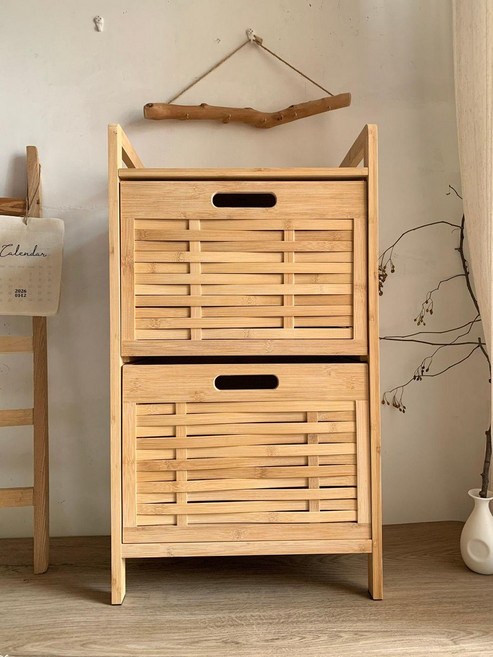 빨래 햄퍼 옷 속옷 의류 욕실 원목빨래바구니 세탁, 2단 대나무 수납장