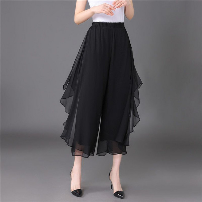 besteffie 여성 여름 시스루 와이드 팬츠 우아한 쉬폰 하이웨이스트 편안한 일상복 K89