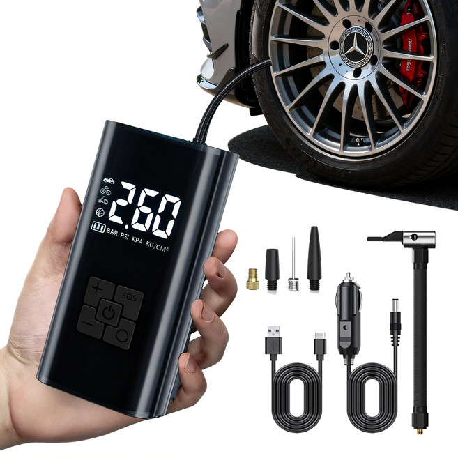 타이어 공기압 주입기 휴대용 무선 올인원 세트 6000mAh 타이어 압력 모니터링/led손전등/보조배터리/자동차 농구공 자전거 오토바이 다용도에어펌프, 블랙, 1세트