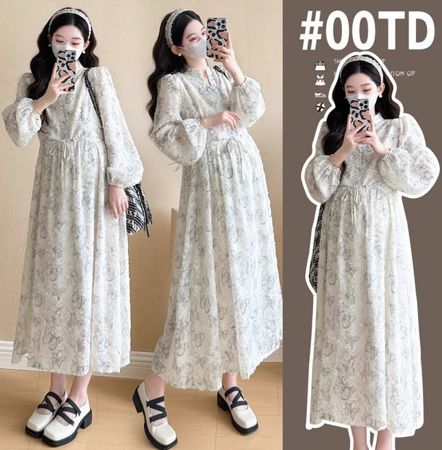 임산부 긴팔 원피스 봄 가을 패션 캐주얼 임부복 치마 여자 루즈핏 빅사이즈 쉬폰 임부 원피스 SJS