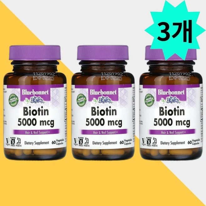 블루본넷뉴트리션 비오틴 5000mcg 60 베지캡슐, 60정, 3개 - 쿠팡