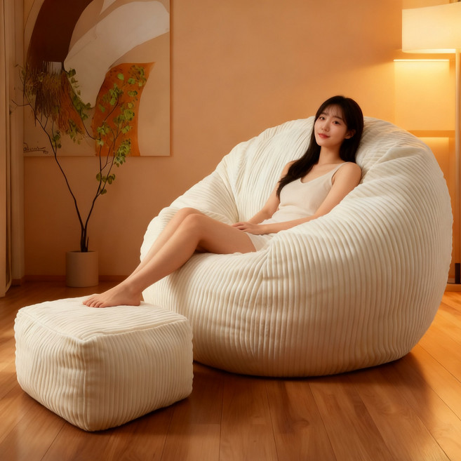 RichMagic 침실 로퍼 소파 고탄성스펀지 거실 소파 부드러운 촉감 1인용 소파(발판 증정), 흰색