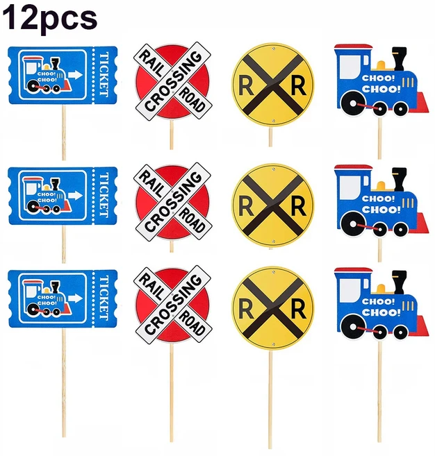 기차 생일 장식 파티 호의 용품 케이크 토퍼 스냅 팔찌 선물 가방 필러 상금 14세 이상, 01 12pcs
