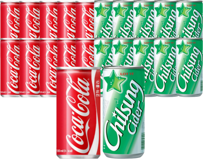 코카콜라 + 칠성사이다 미니캔 190밀리리터 미니캔 각 15캔씩 총삼십캔 시원하게 가볍게 마시는 상쾌한 콜라 사이다 한모금 냉장고 애정 아이템 치킨 햄버커 음료, 30개, 190ml