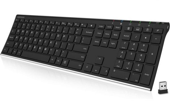 Arteck 2.4G 무선 키보드 스테인레스 스틸 울트라 슬림 풀 사이즈 컴퓨터데스크탑PC노트북표면스마트 TV 및 Windows 1087 충전식 배터리 내장 숫자 키패드 포함