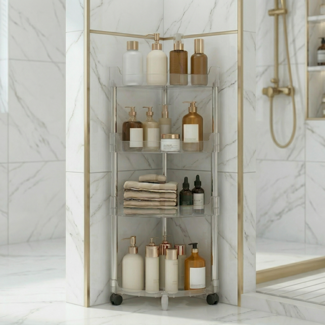 화장실선반 4단욕실선반 무타공 욕실코너선반 화장실정리대, 1세트, 투명한