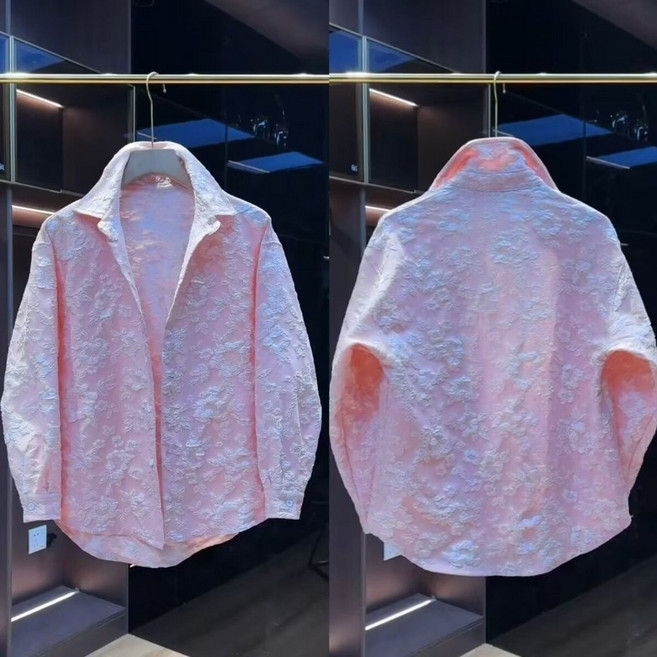 浮雕壓花長袖襯衫 男士寬鬆潮流時尚翻領外套