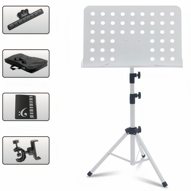 디원리빙 프리미엄 악보 보면대 대형 철판 50x35 높이조절 65~165cm 휴대용 가방포함, 1개, 화이트