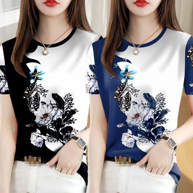ROYALBELLE (1+1)2장묶음 여성 플라워 프린트 패션 캐주얼 라운드넥 반팔 티셔츠 F01031012