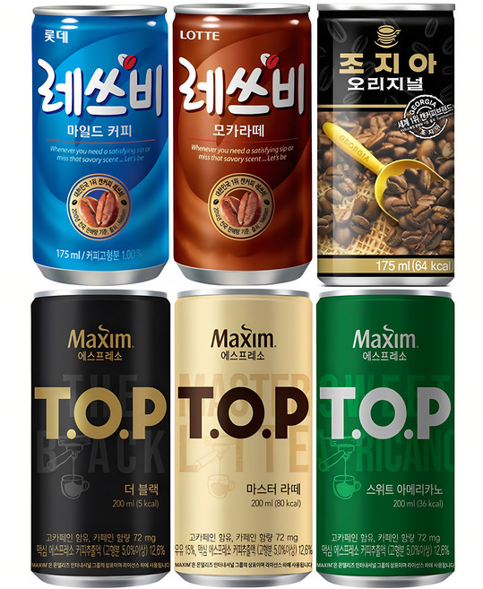 (캔커피 혼합세트 6가지 각10캔씩 총60캔) (티오피 더블랙+ 스위트아메리카노+마스터라떼)+(조지아오리지널+레쓰비마일드+레쓰비모카) 마셔몰 안전박스포장, 175ml, 60개