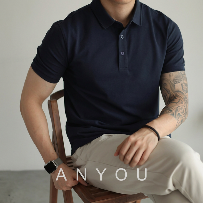 ANYOU 남성 여름 카라 반팔 티셔츠 흡한속건 통기성 좋은 편안한 데일리 티셔츠