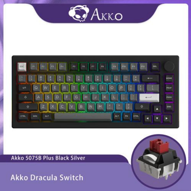 Akko 5075B Plus 기계식 키보드 75 레이아웃 핫 스왑 유형-C 유선2.4g 및 BT 5.0 무선 RGB 게임용 키보드 가스켓 구조, 1)Black Silver
