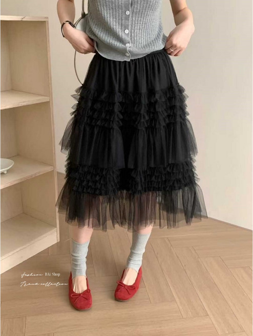 網紗蛋糕裙 韓系荷葉邊荷葉邊顯瘦中裙