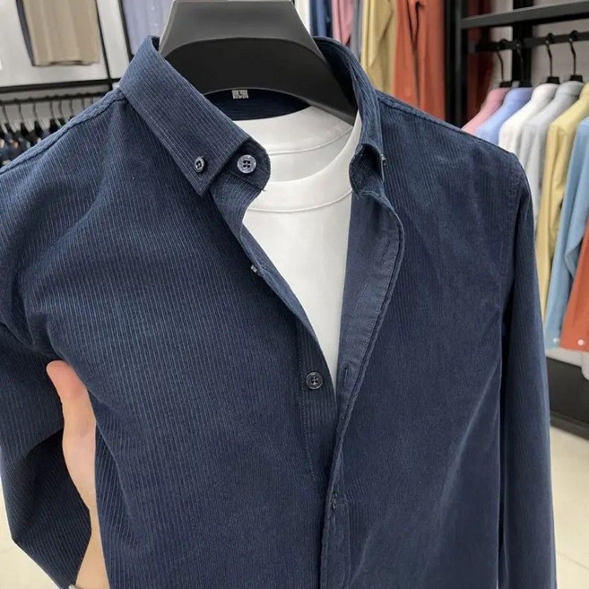 봄 가을 남자 캐주얼 셔츠 패션 무지 긴팔 코듀로이 셔츠 상의 YLP